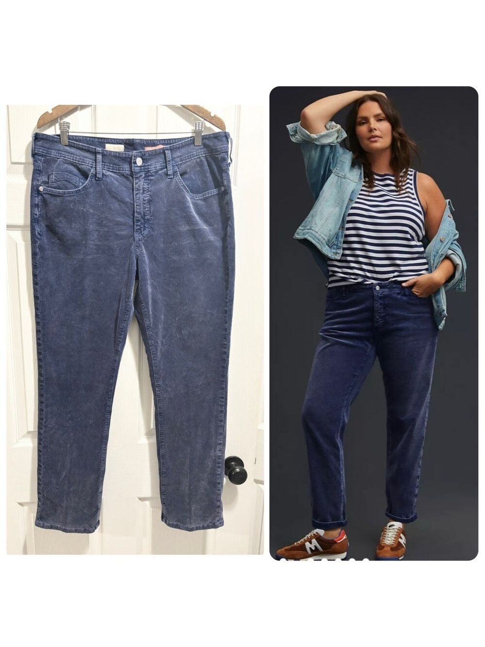 Anthropologie Pilcro Blue Mid-Rise Slim Boyfriend Cropped Corduroy Jeans 33 Tall